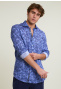 Chemise ajustée lin florale bleue