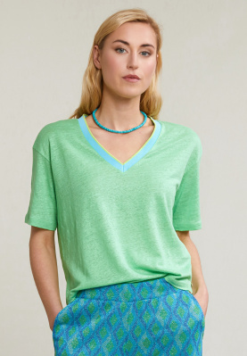 Green linen V-neck T-shirt short sleeves