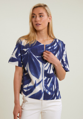 Blauw/wit fantasie V-hals blouse