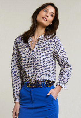 Blauw/beige fantasie V-hals blouse