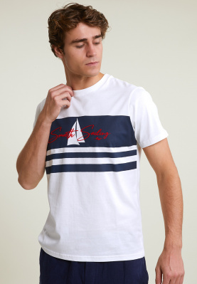 Custom fit fantasie T-shirt korte mouwen écru/navy