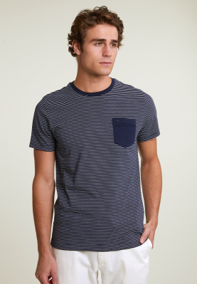 Custom fit striped T-shirt chest pocket navy