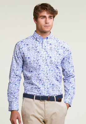 Custom fit gebloemd hemd blauw/wit