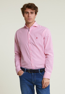 Custom fit gestreept hemd roze/wit