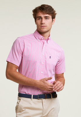Custom fit checked performance stretch shirt short sleeves pink/white