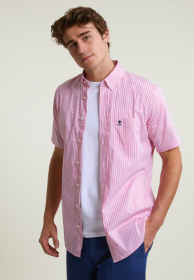 Custom fit gestreept performance stretch hemd korte mouwen roze/wit