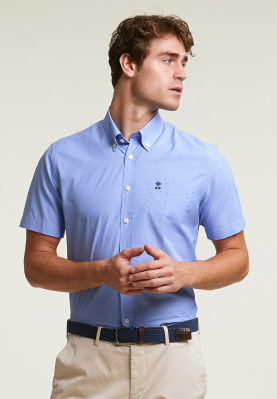 Custom fit geruit hemd korte mouwen blauw/wit