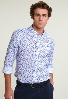 Custom fit linen floral shirt blue/white