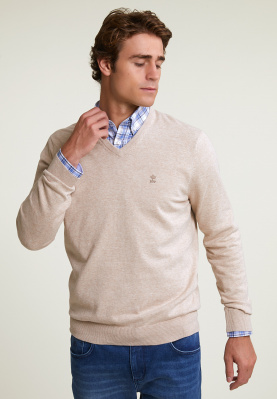 Normal fit basic cotton V-neck pullover reed mix