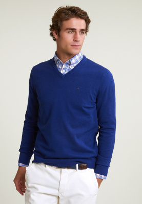 Normal fit basic cotton V-neck pullover royal blue mix