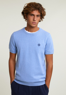 Slim fit cotton crew neck sweater short sleeves chambray mix