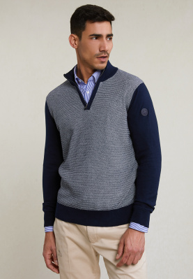 Custom fit cotton mock neck sweater navy