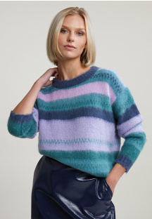 Green/purple striped crew neck sweater